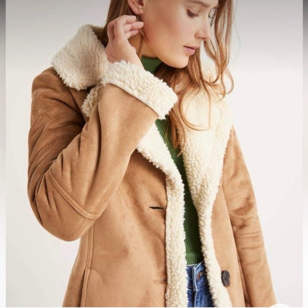 Boden Bell Teddy Tan Faux Suede Faux Shearling Lined and Trimmed Long Coat Sz 16 - Picture 2 of 14